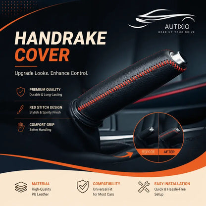 Car handbrake cover PU leather red stitching close-up with before and after comparison showing premium quality red stitch design universal fit and easy installation