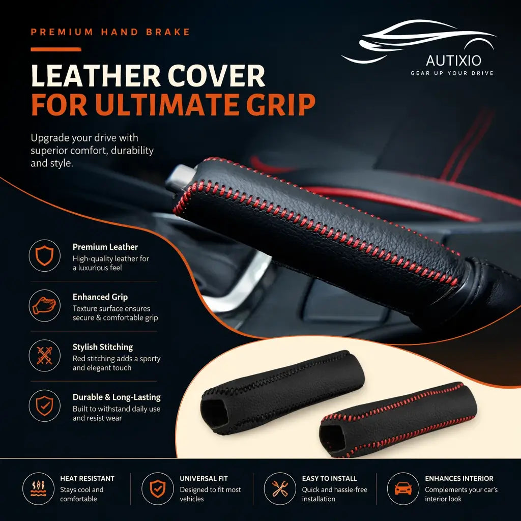 Car handbrake cover PU leather with red hand stitching installed on handbrake showing premium leather enhanced grip stylish stitching durable heat resistant universal fit features