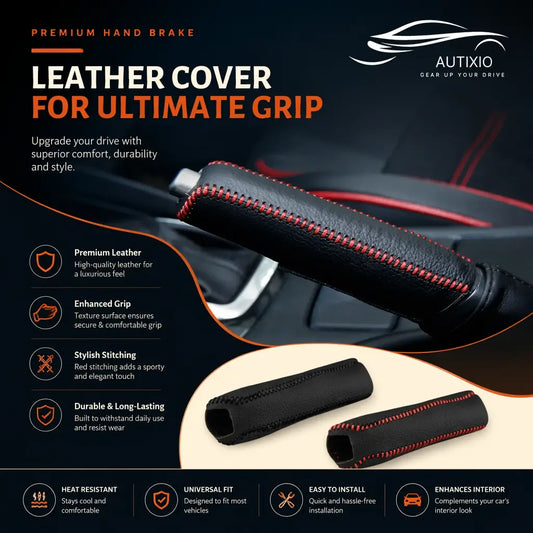 Car handbrake cover PU leather with red hand stitching installed on handbrake showing premium leather enhanced grip stylish stitching durable heat resistant universal fit features