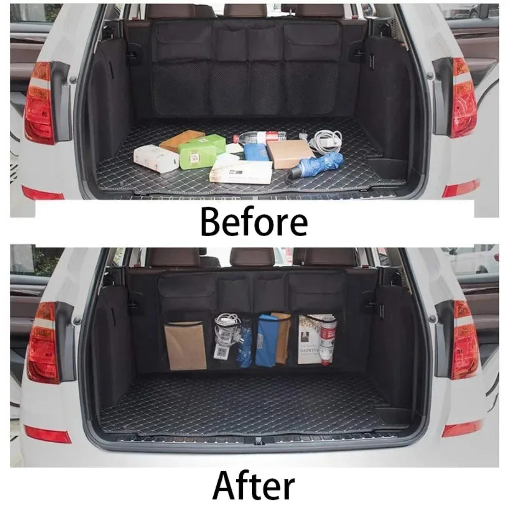 Trunk organization before and after using hanging storage bag