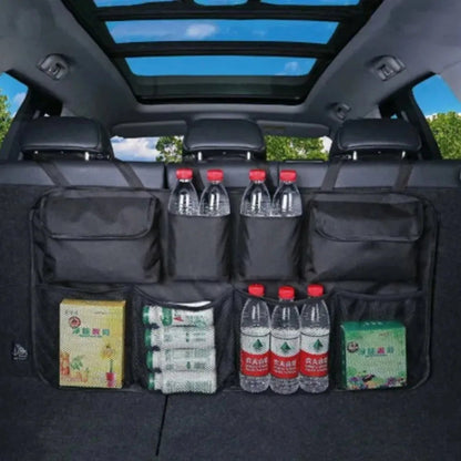 Car hanging storage bag mounted on headrests with multi-pocket mesh design