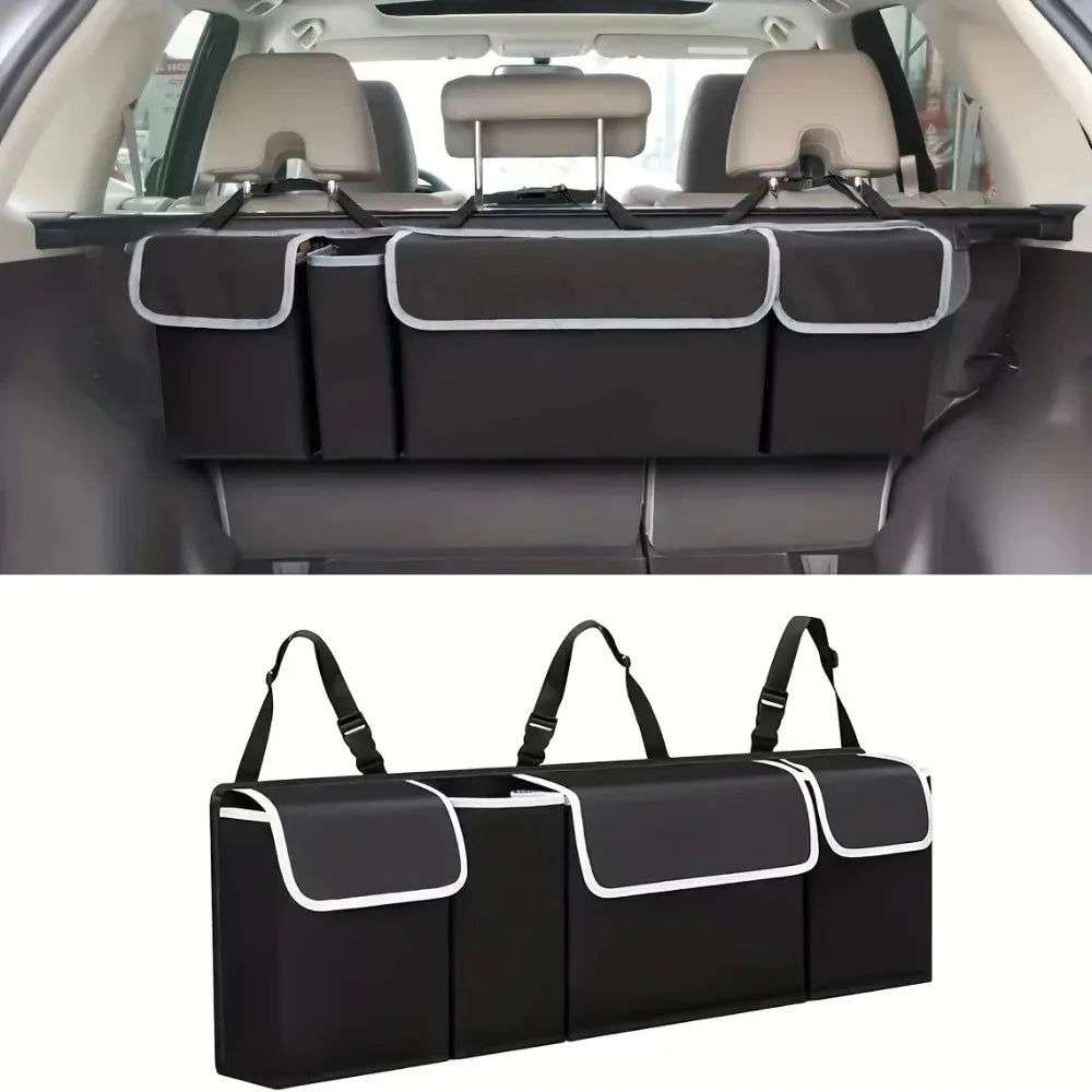 Car hanging organizer bag installed on rear seats in beige interior