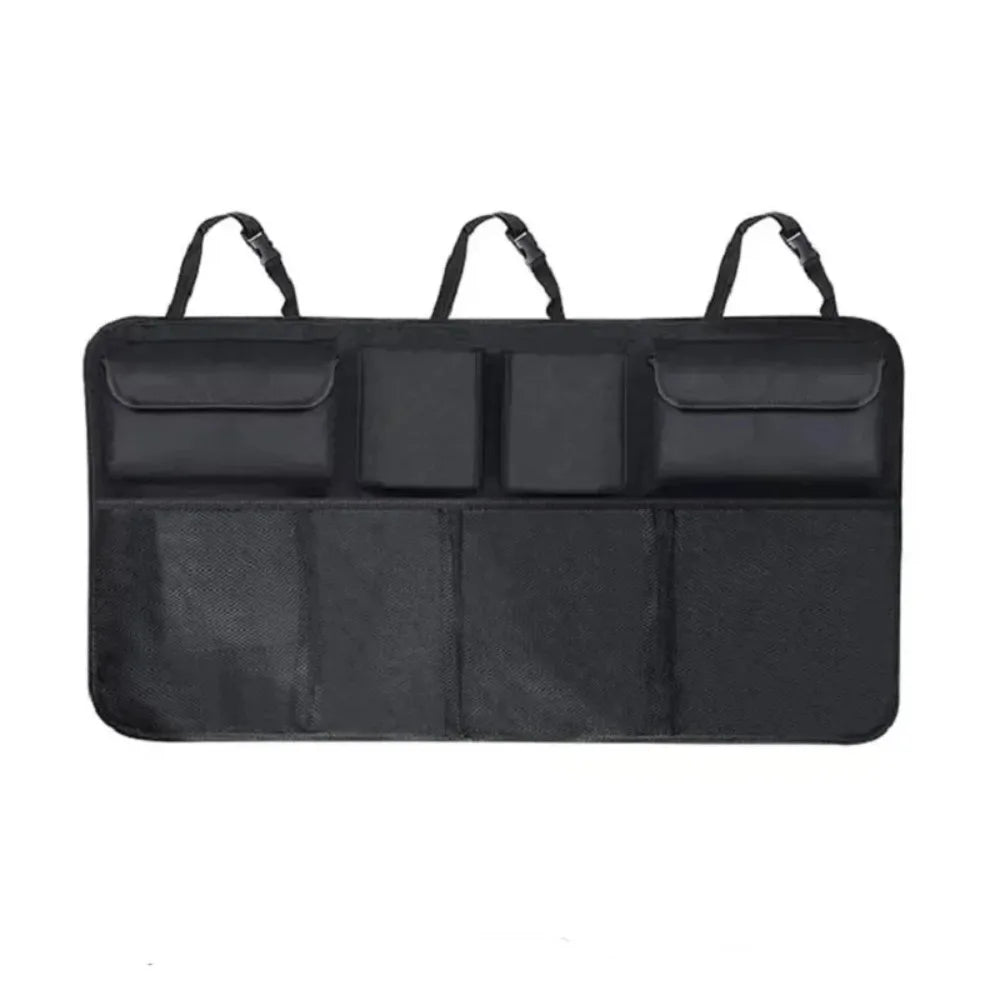 Black multi-pocket mesh car hanging storage organizer for trunks and seats