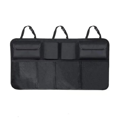 Black multi-pocket mesh car hanging storage organizer for trunks and seats