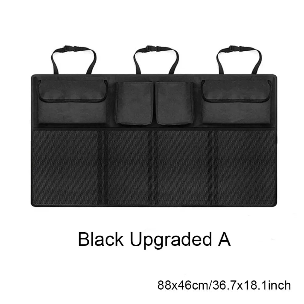 Black upgraded car hanging storage bag showing 88x46cm dimensions