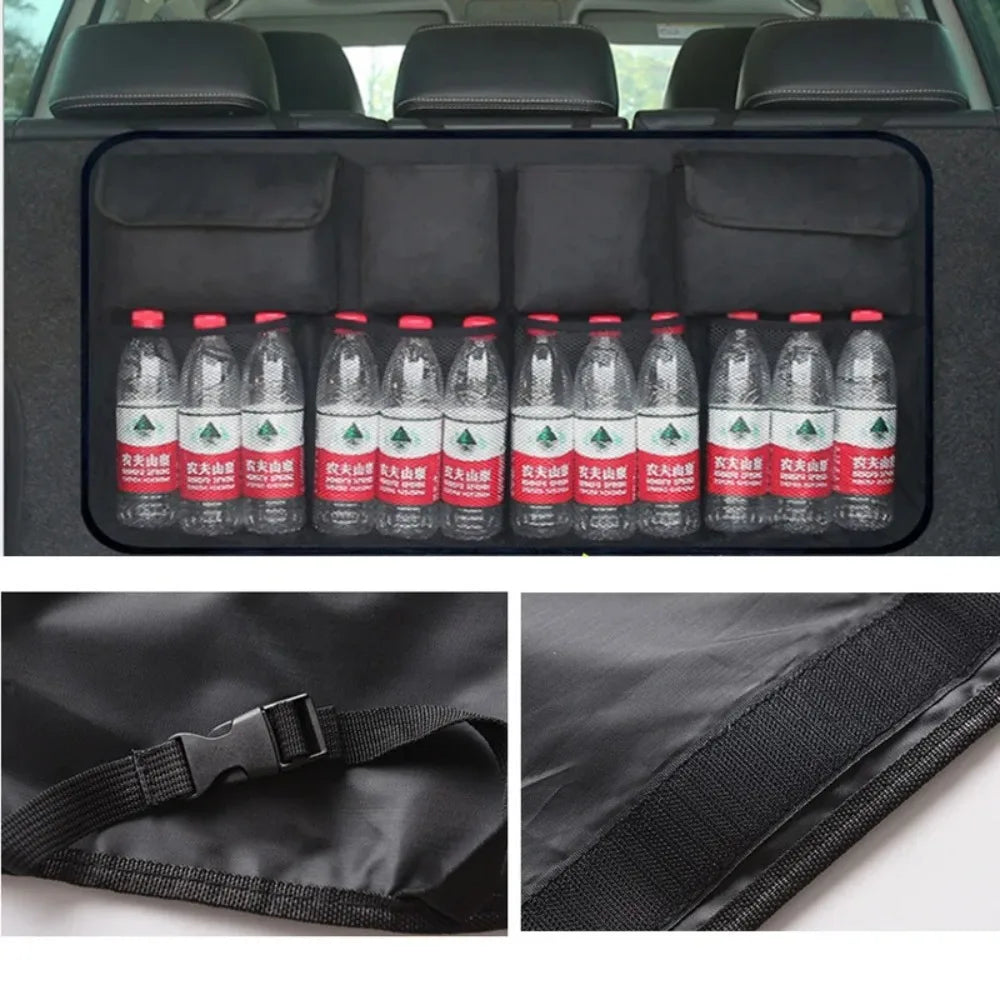 Hanging car storage bag holding beverages and bottles in trunk