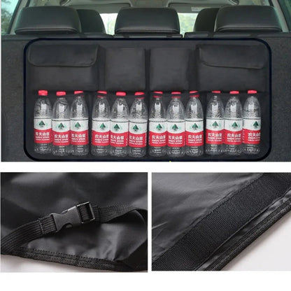 Hanging car storage bag holding beverages and bottles in trunk