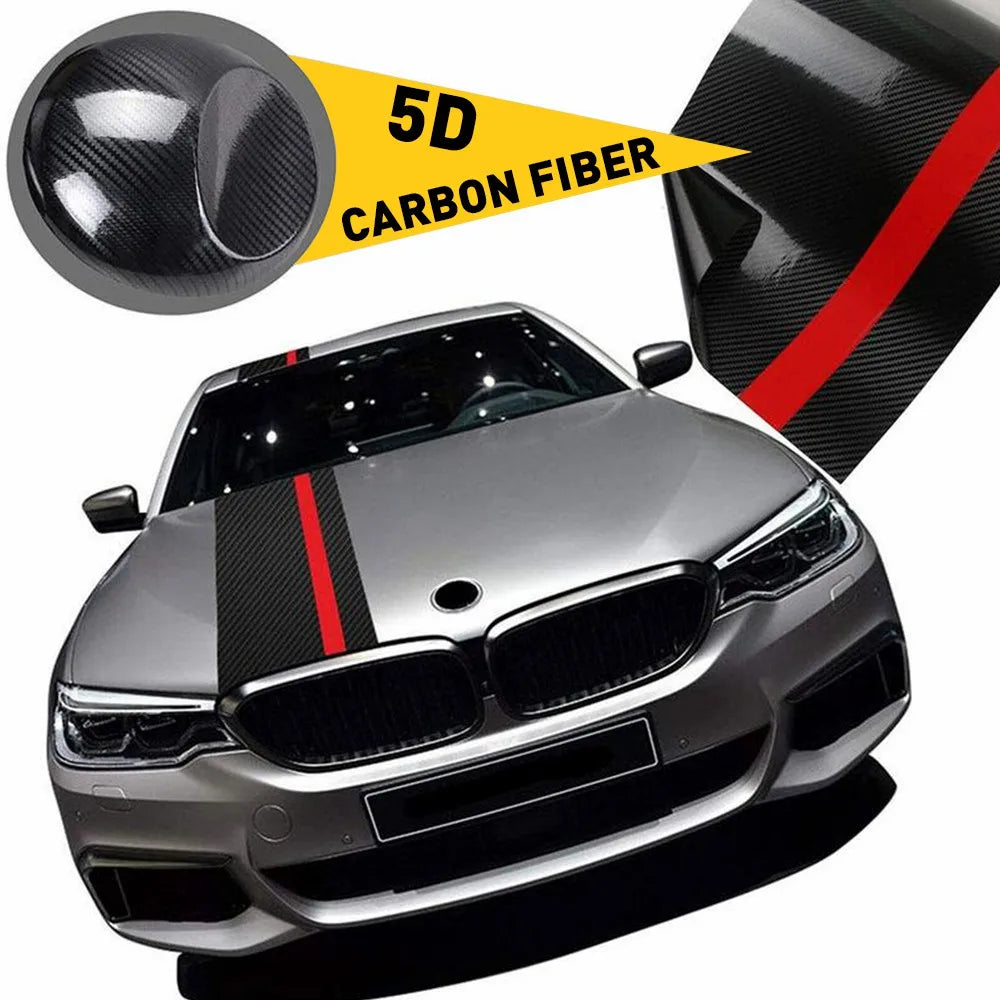 5D carbon fiber racing stripe decal on dark BMW hood with close-up of gloss carbon fiber texture