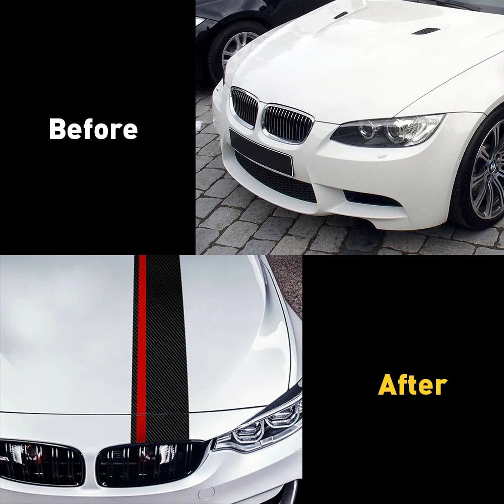 Before and after comparison of white BMW hood without and with carbon fiber racing stripe decal applied