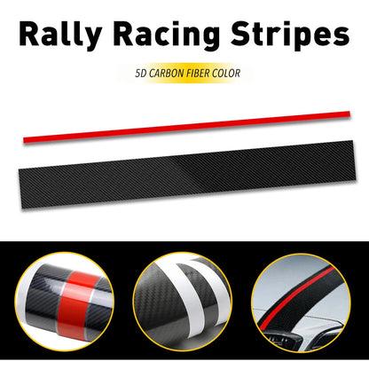Car racing stripe decal flat lay with close-ups of carbon fiber roll, backing peel, and roof installation
