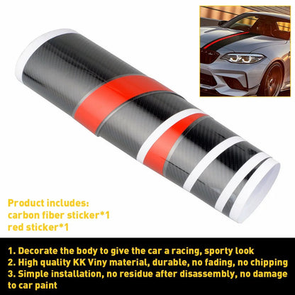 Rolled car racing stripe vinyl decal showing carbon fiber and red sticker layers with product features listed