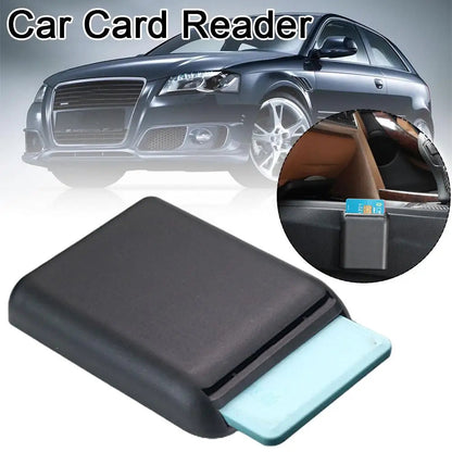 Car registration holder with card slot open and storage box mounted on car door panel