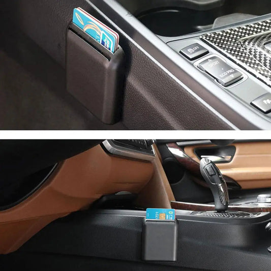 Car registration holder mounted in center console and near gear shift with cards
