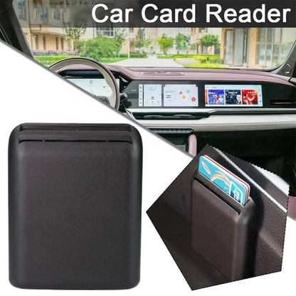 Car registration holder storage box front view with cards stored in car interior