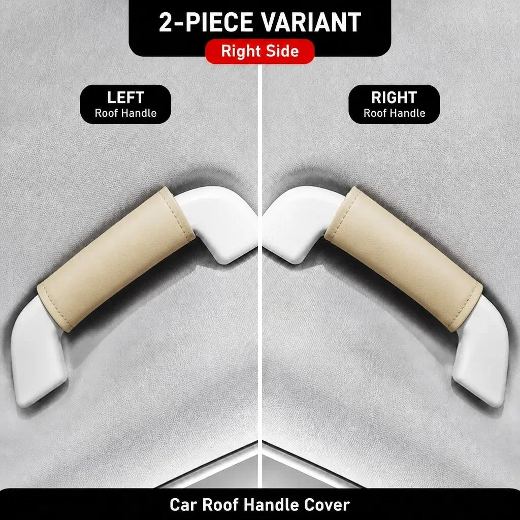 Two-piece beige leather-look car roof handle cover set showing left and right side grab handle installation