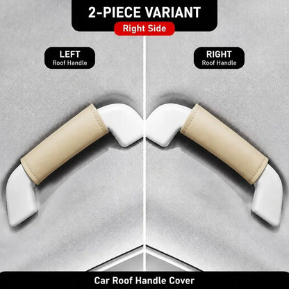 Two-piece beige leather-look car roof handle cover set showing left and right side grab handle installation