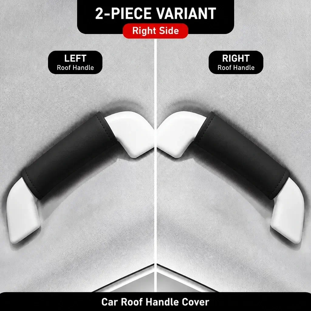 Two-piece black leather-look car roof handle cover set showing left and right side grab handle installation