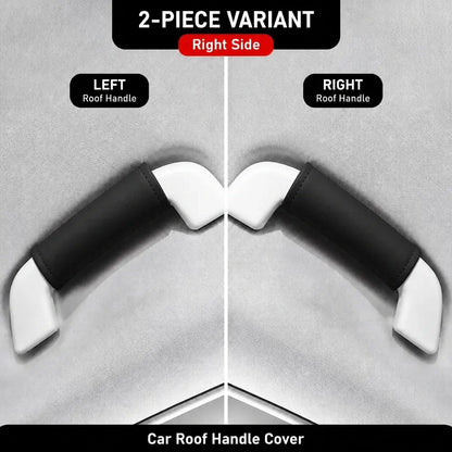 Two-piece black leather-look car roof handle cover set showing left and right side grab handle installation