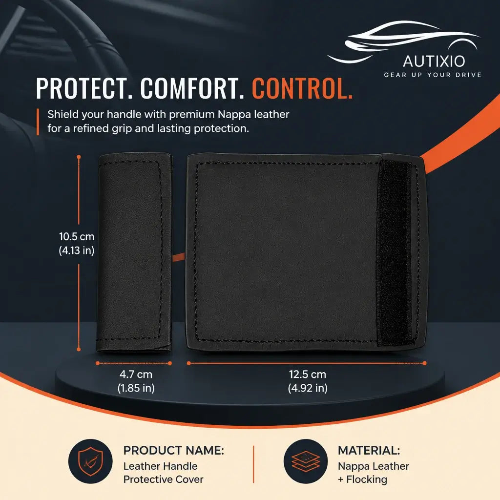 Black Nappa leather car roof handle cover dimensions diagram showing 10.5cm height, 4.7cm and 12.5cm width options with velcro interior lining