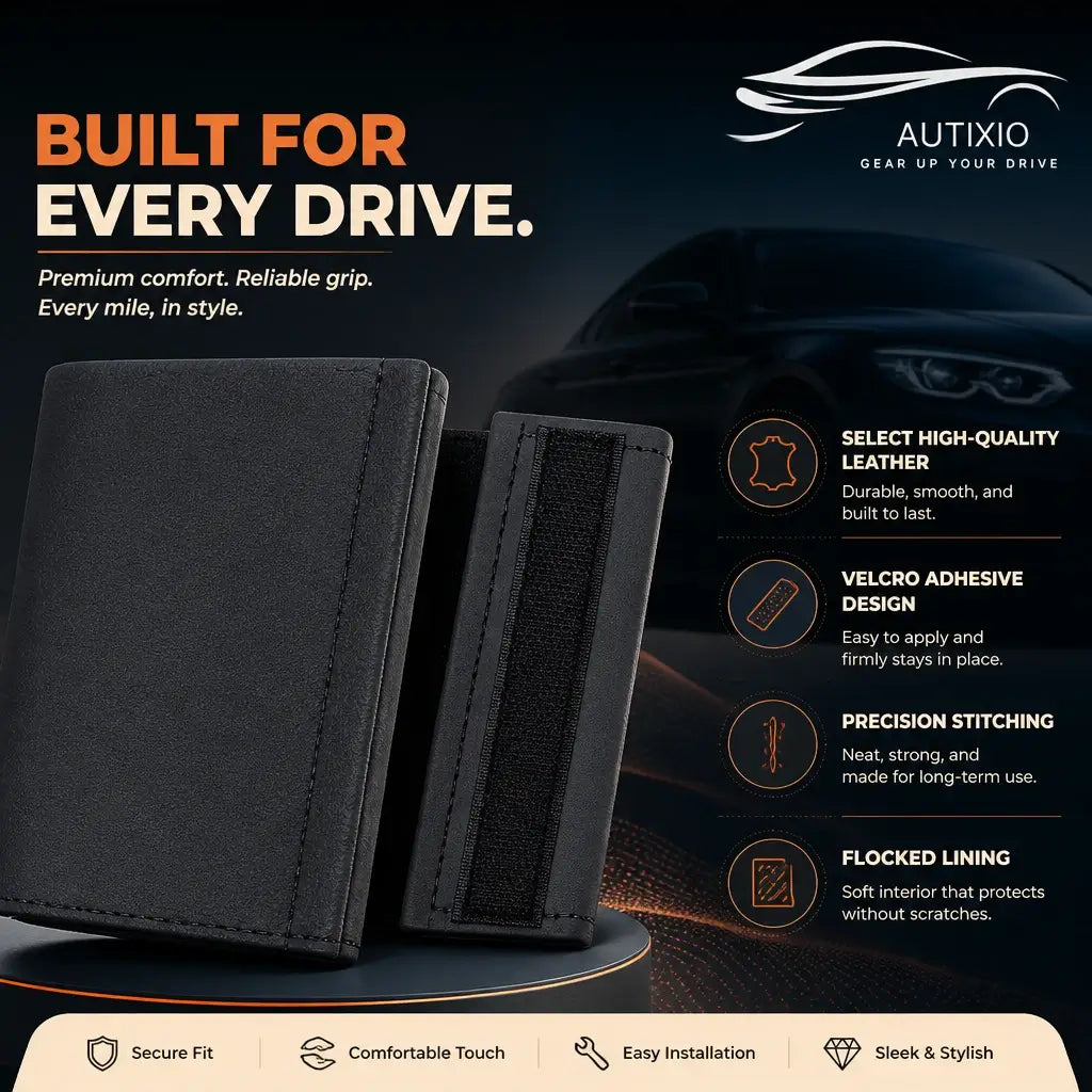 Black car roof handle cover features infographic showing high-quality leather, velcro adhesive design, precision stitching, and soft flocked lining