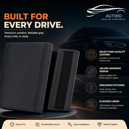 Black car roof handle cover features infographic showing high-quality leather, velcro adhesive design, precision stitching, and soft flocked lining