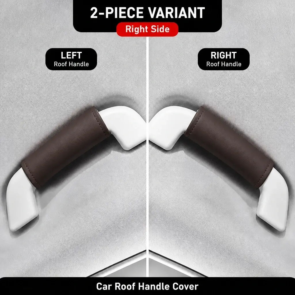 Two-piece brown leather-look car roof handle cover set showing left and right side grab handle installation