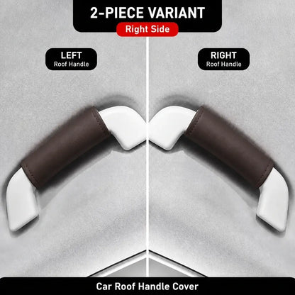 Two-piece brown leather-look car roof handle cover set showing left and right side grab handle installation