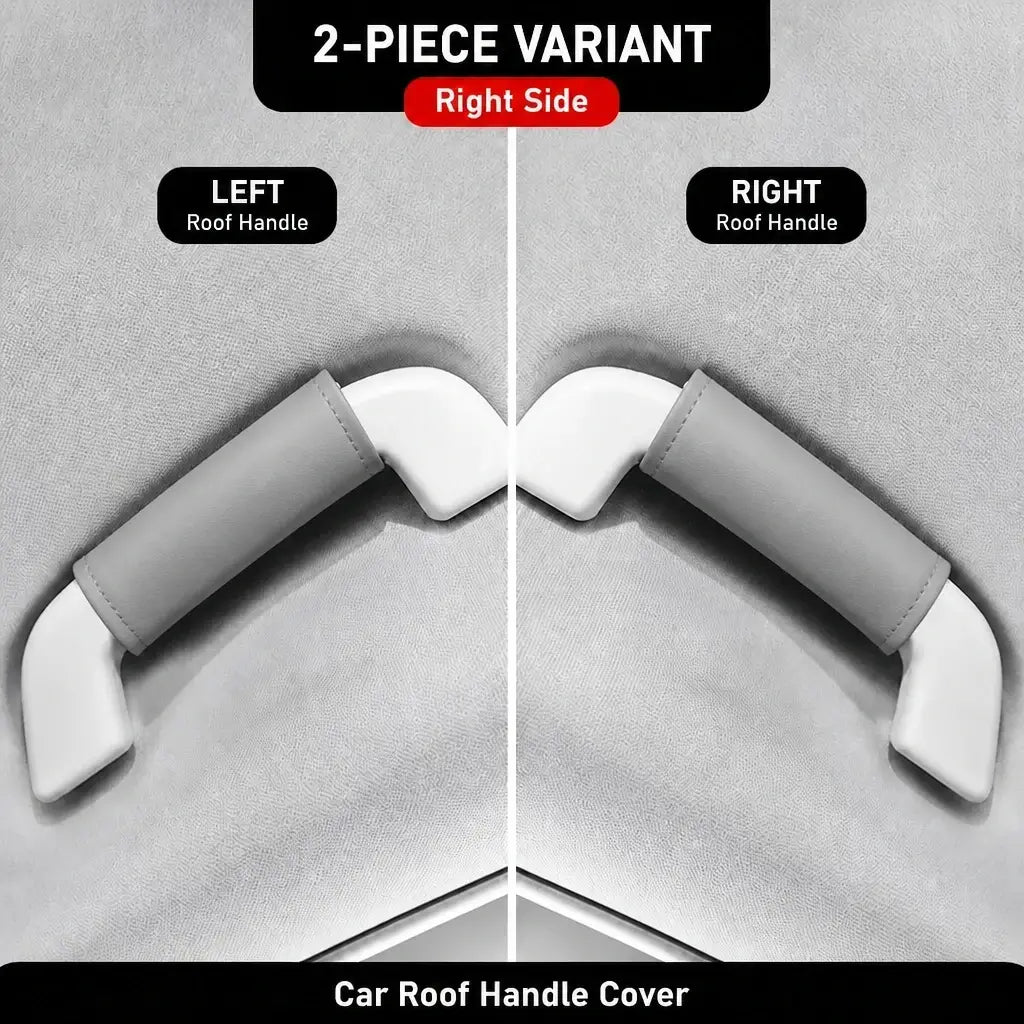 Two-piece grey leather-look car roof handle cover set showing left and right side grab handle installation