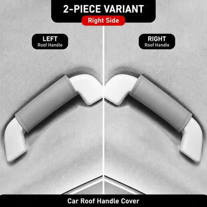 Two-piece grey leather-look car roof handle cover set showing left and right side grab handle installation