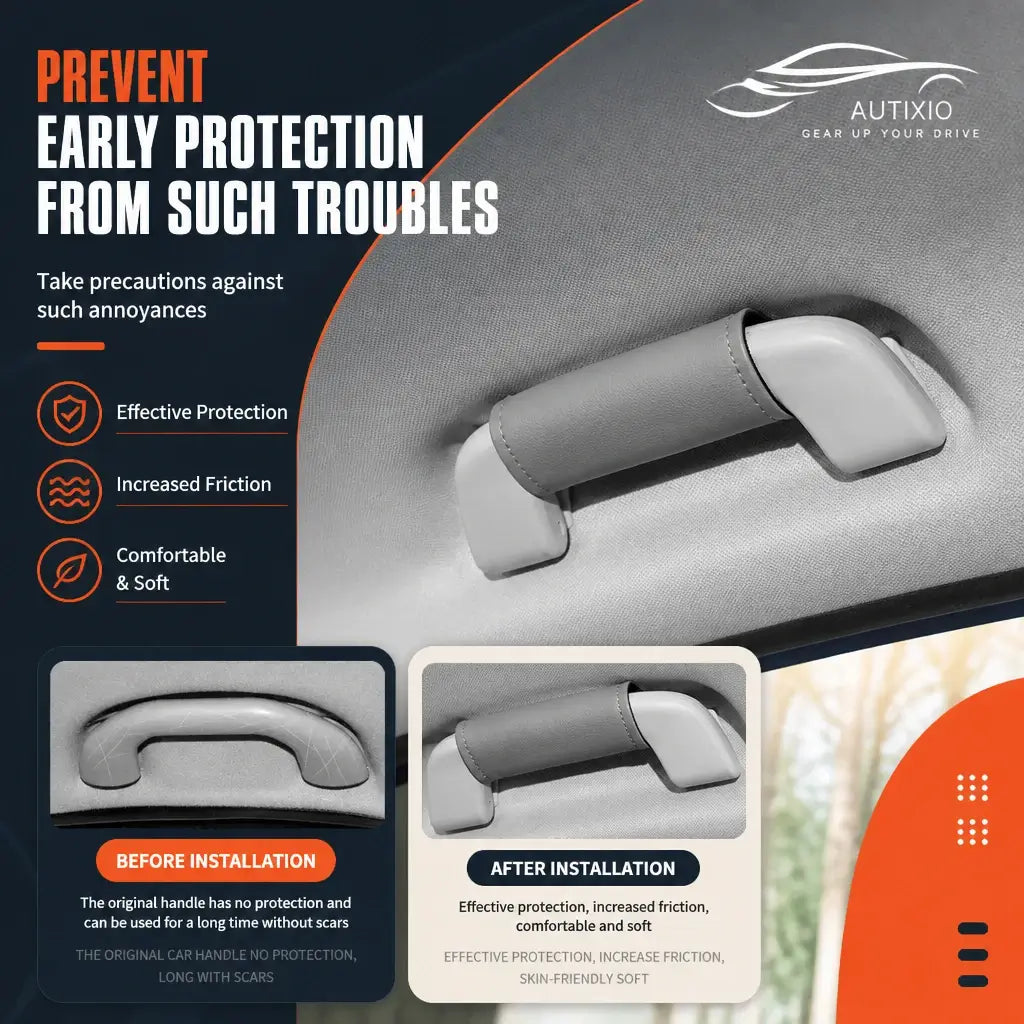 Before and after comparison of grey car roof handle cover showing effective protection, increased friction, and comfortable soft leather-look finish