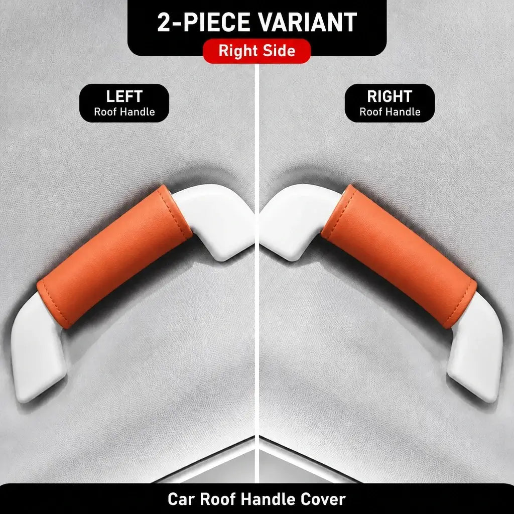 Two-piece orange leather-look car roof handle cover set showing left and right side grab handle installation