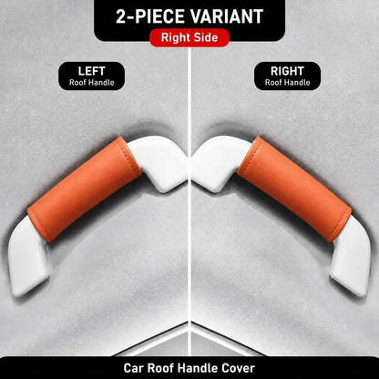 Two-piece orange leather-look car roof handle cover set showing left and right side grab handle installation