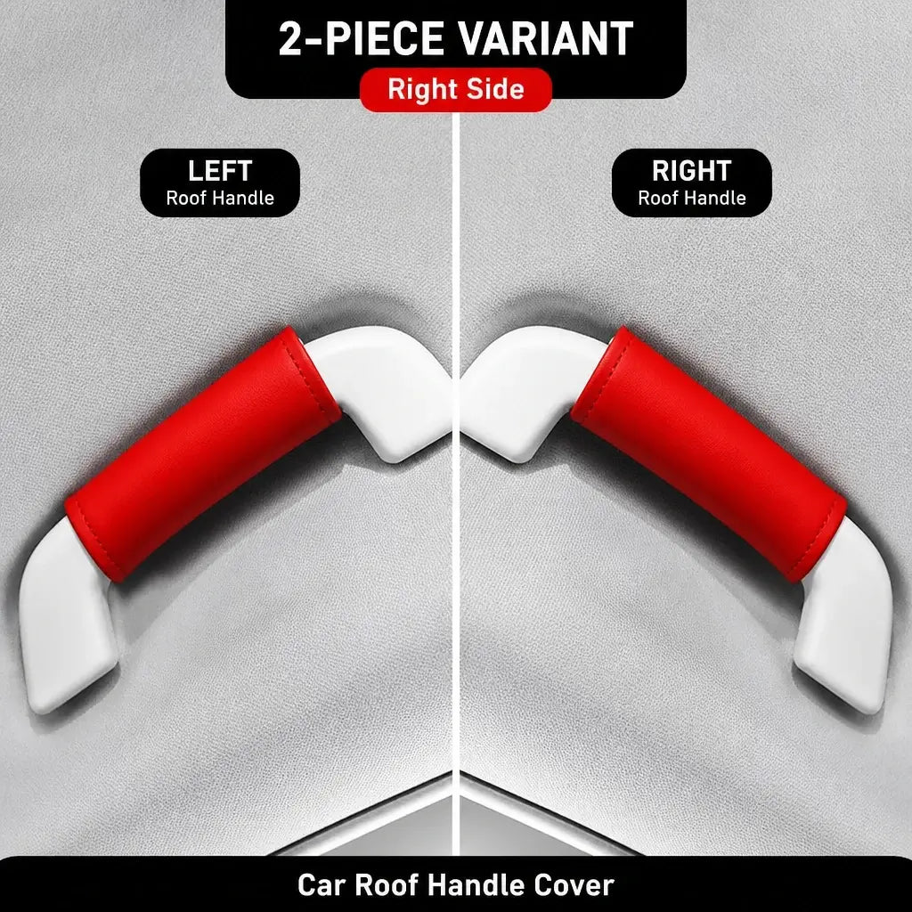 Two-piece red leather-look car roof handle cover set showing left and right side grab handle installation