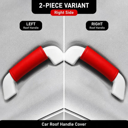 Two-piece red leather-look car roof handle cover set showing left and right side grab handle installation