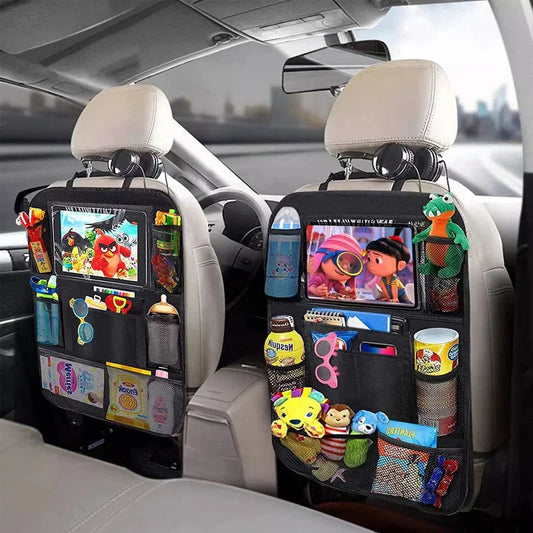 Front view of car seat back cover showing tablet holder and storage compartments