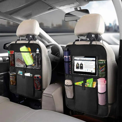 Black car seat back cover protector with tablet holder and storage pockets