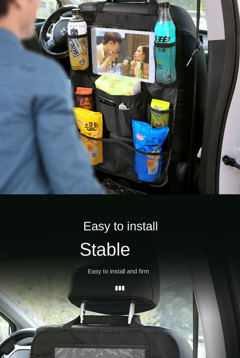 Practical use of car seat back cover protector showing storage items