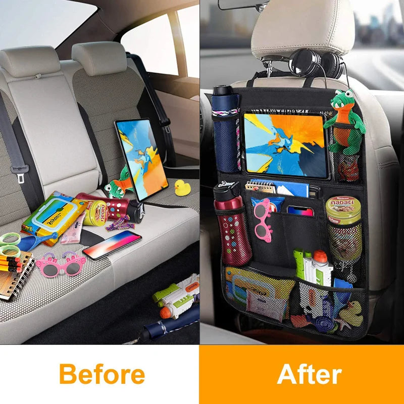 Multiple storage pockets displayed on car seat back cover organizer