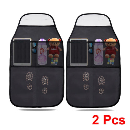 Set of 2 car seat back protectors with kick marks, tablet holders, and storage pockets for toys and bottles