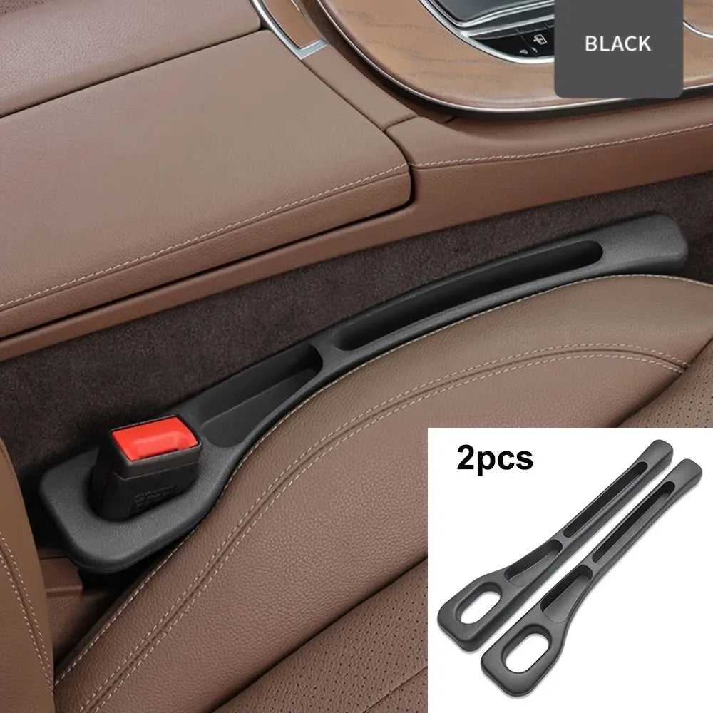 Black car seat gap filler 2pcs set installed in tan leather seat interior