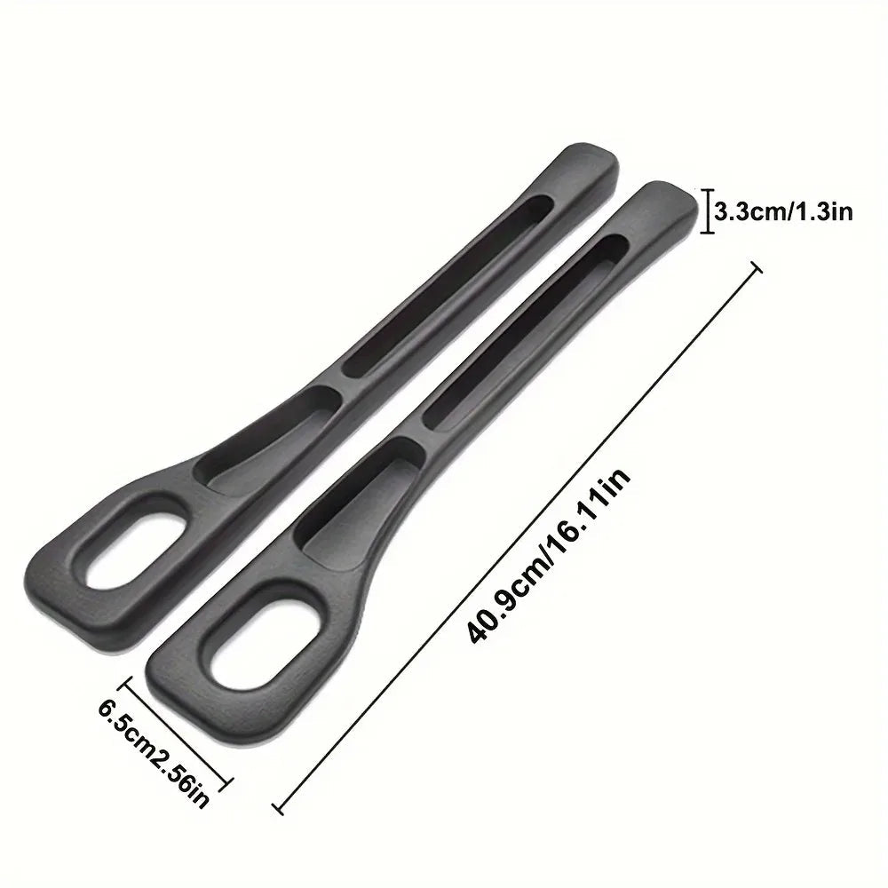 Two black car seat gap fillers showing dimensions 16.11in x 2.56in x 1.3in