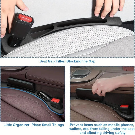 Car seat gap filler blocking gap and organizing phone, wallet and small items
