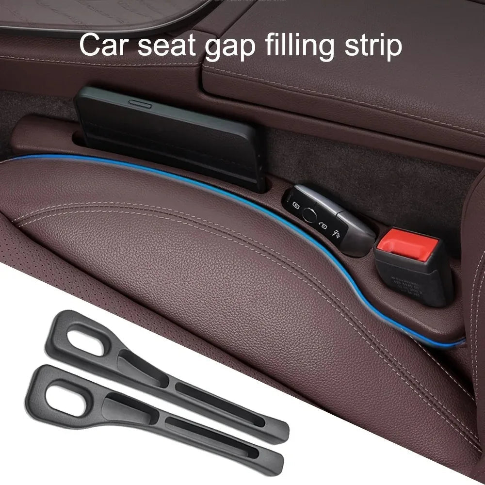 Car seat gap filling strip installed in brown leather with product strip view