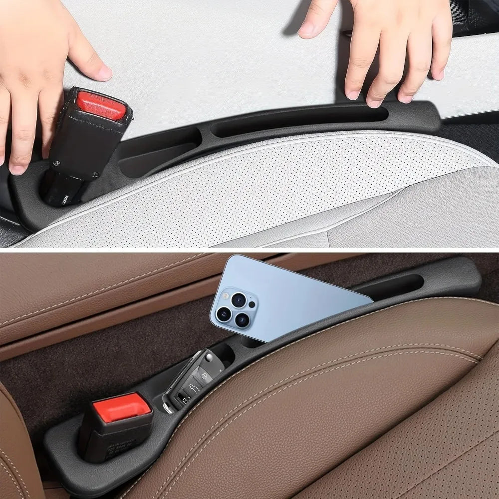 Car seat gap filler with phone and car key stored in 2 organizer grooves