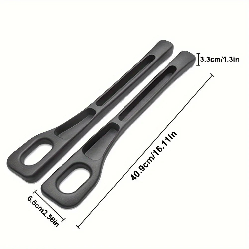 Two black PU leather car seat gap fillers with measurement diagram on white background