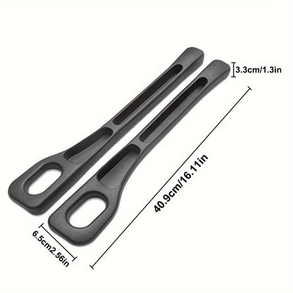 Two black PU leather car seat gap fillers with measurement diagram on white background