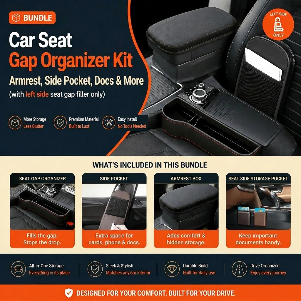 Car seat gap organizer bundle with left side seat gap storage