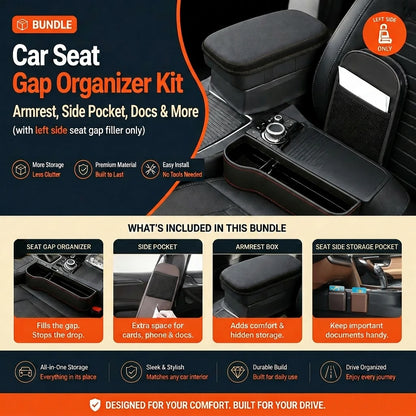 Car seat gap organizer bundle with left side seat gap storage