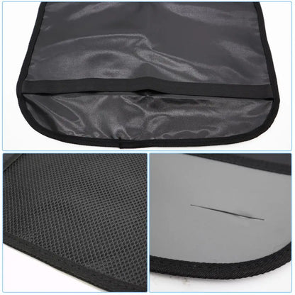 Close-up image showing car seat organizer material texture, stitching, and bottom pocket design