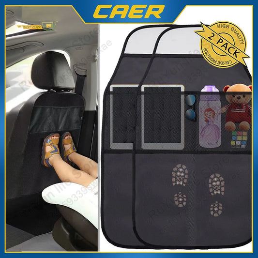 Car seat back protectors 2-pack with tablet holders and kick-resistant surface, shown in use by child in car seat